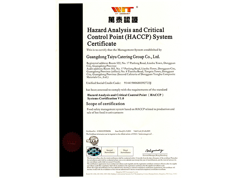 危害分析與關(guān)鍵控制點(diǎn)(HACCP)體系認(rèn)證英文證書(shū)